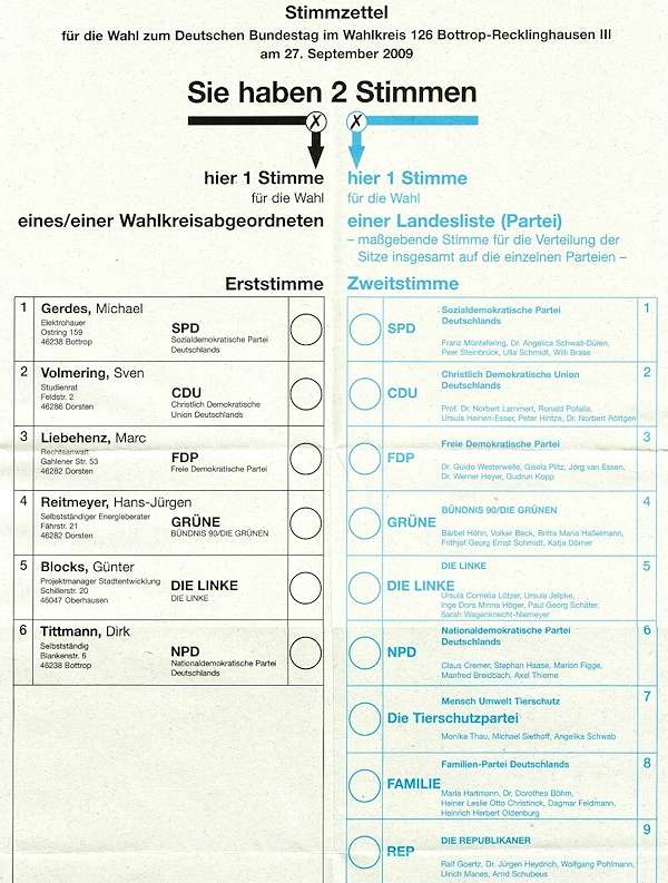 Una scheda elettorale per le elezioni politiche in Germania