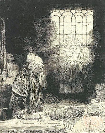 Faust nel suo studio che evoca gli spiriti, incisione di Rembrandt