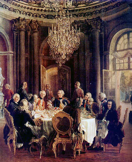 Un dibattito nel castello Sanssouci tra Federico II, Voltaire e altri ospiti