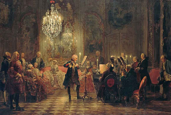 Federico II suona il flauto durante un concerto nel castello Sanssouci