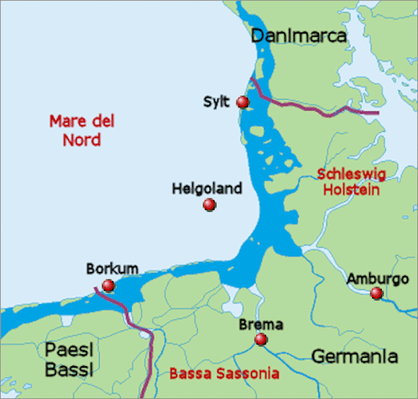 La costa tedesca del Mare del Nord con le isole e le città più imporanti