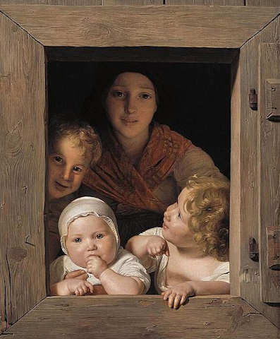 Ferdinand Georg Waldmller: Giovane contadina con tre bambini alla finestra